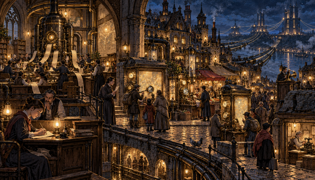A night city where clerks at long desks feed paper tape into brass machines, while in the street people queue at glowing kiosks with dials. Far off, gleaming towers on an island pull every cable and pipe in the city towards themselves.
