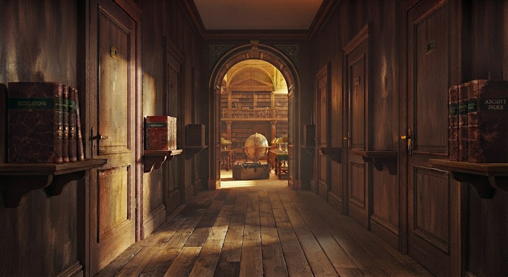 A long wood-panelled corridor of closed doors, each with a shelf of thick bound volumes beside it. At the far end an arched doorway opens into a bright, book-lined room.