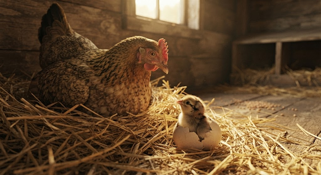 A hen settled on a straw nest in a wooden coop, lit by a small window. In front of her, a chick is breaking out of its egg.