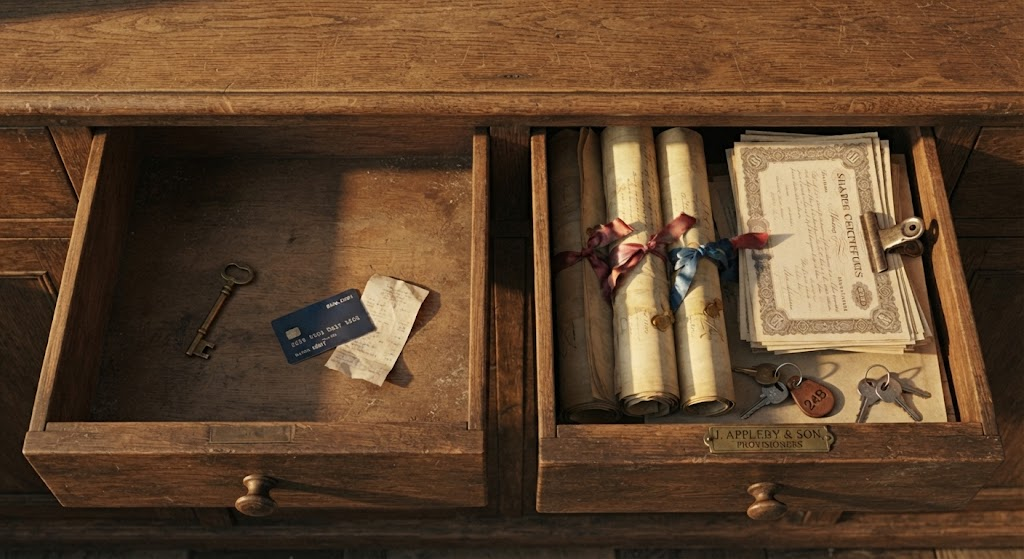 Two drawers of the same old wooden chest pulled open side by side. The left one holds only an old key, a bank card and a crumpled receipt; the right one is full of rolled documents tied with ribbon, bundled certificates, keys and a small brass plate.