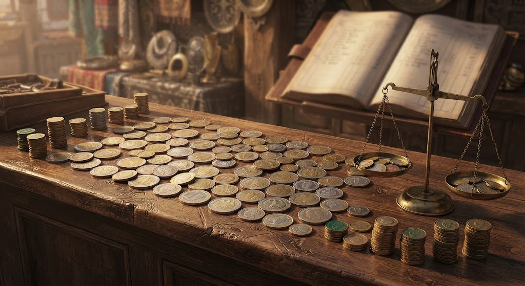 A worn wooden counter in a cluttered old shop, covered with coins spread out and mixed together, a few stacked in short piles along the edge. A brass balance scale stands among them, and behind it lies an open ledger.