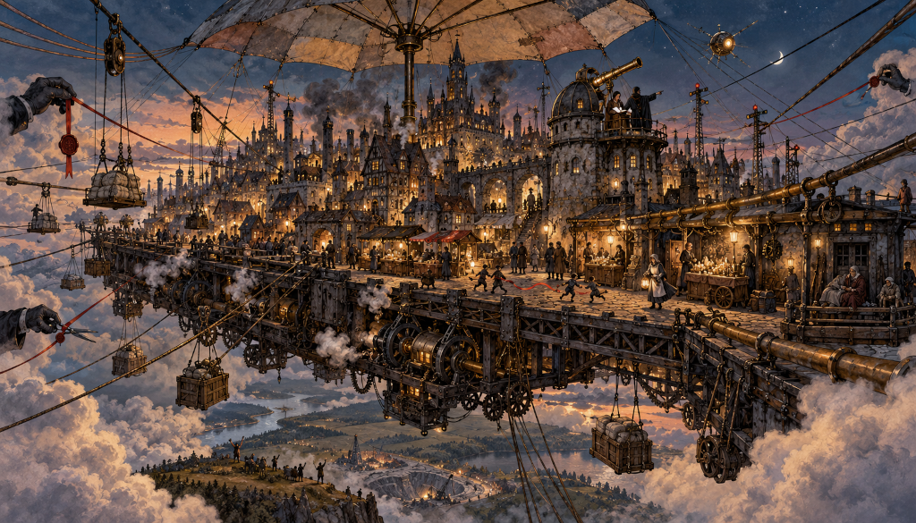 A city built on a platform that hangs in the sky from a patched umbrella and a web of cables and pipes. Crates swing on ropes above the farmland below, and gloved hands reach in from the clouds, one of them holding scissors to a red ribbon.