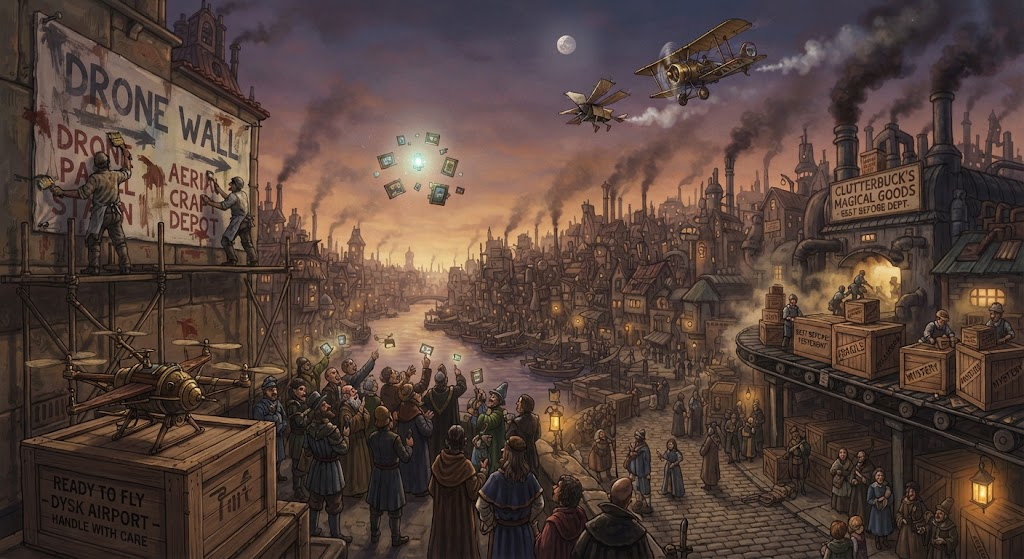 Dusk over Ankh-Morpork: a drone in a box marked ready to fly, a crowd filming a light over the airport, workmen renaming the drone wall, and a factory filling crates marked best before while a brass fighter chases a paper drone.