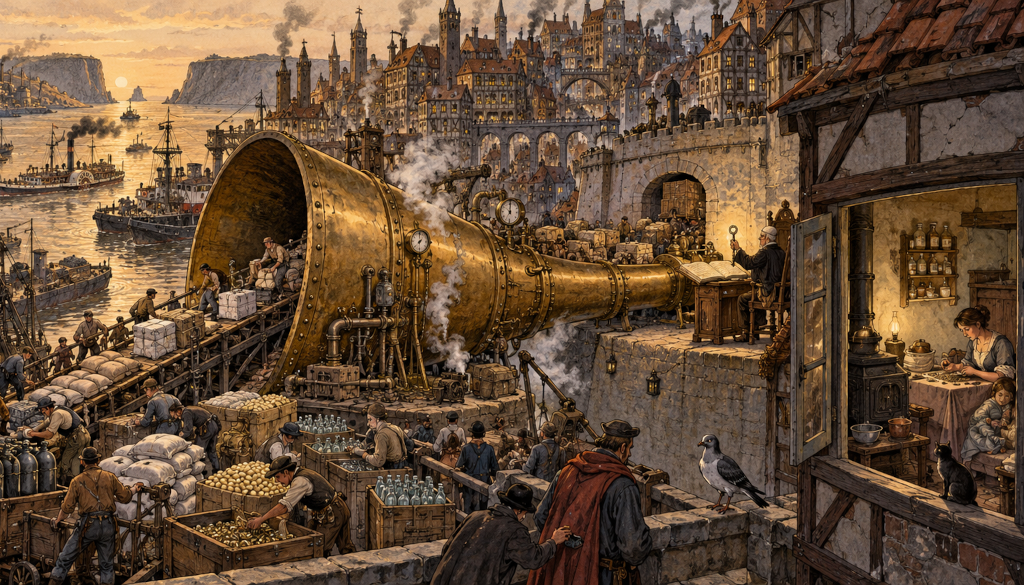 A harbour where ships unload sacks, crates and gas cylinders into a giant brass funnel that narrows to a single clerk at a desk. Beside it, through an open window, a woman and a child sit at a kitchen table with a cat, while a pigeon looks on.