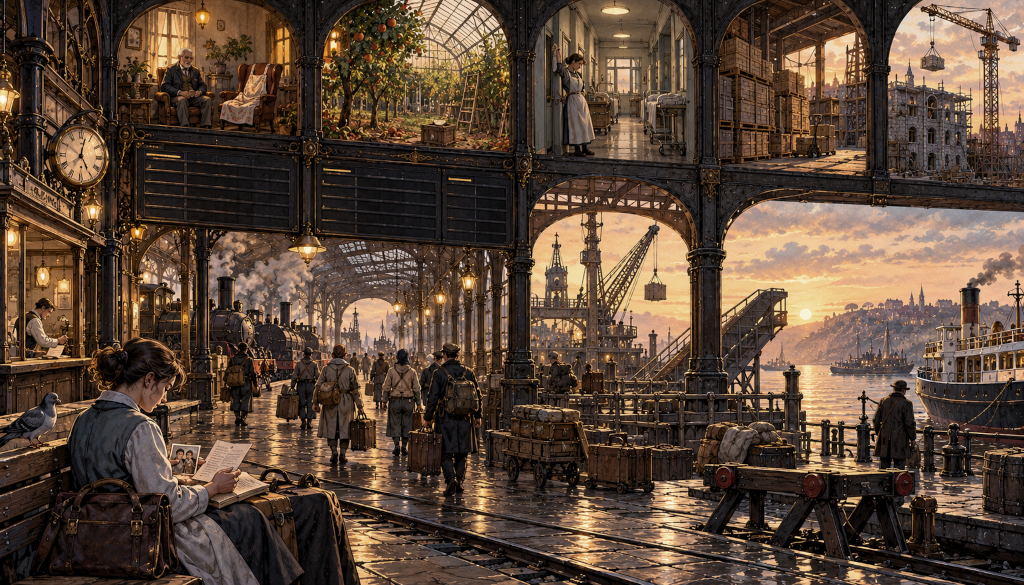 A railway station and harbour at sunset where travellers with suitcases arrive from the trains and ships. Above the platforms, arched windows show the work they come for: an old man cared for in his chair, an orchard, a hospital ward, a warehouse and a building site. On a bench a young woman reads a letter beside a photograph.