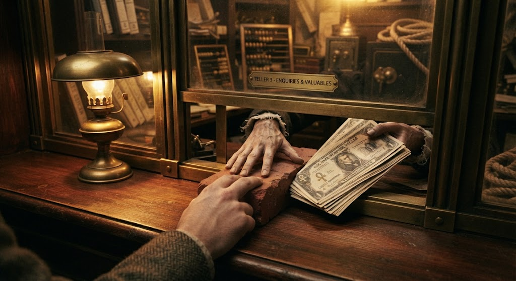 A brick pushed across the counter under a bank teller's window, while a fan of banknotes comes back the other way. A brass lamp lights the counter; on either side only hands and sleeves are visible.