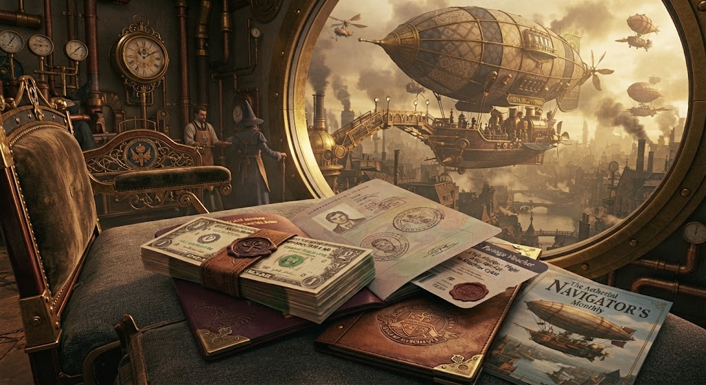 Bundles of banknotes in paper bands lying on passports and sealed papers beside a round porthole window. Outside, an airship crosses the sky above a smoking city.