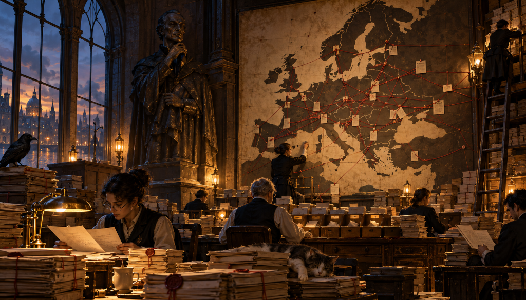 A vast archive filled with clerks sorting dossiers beneath a map of Europe crossed by red threads. A stern statue watches over the room, while a raven and a sleeping cat observe the machinery of bureaucracy.