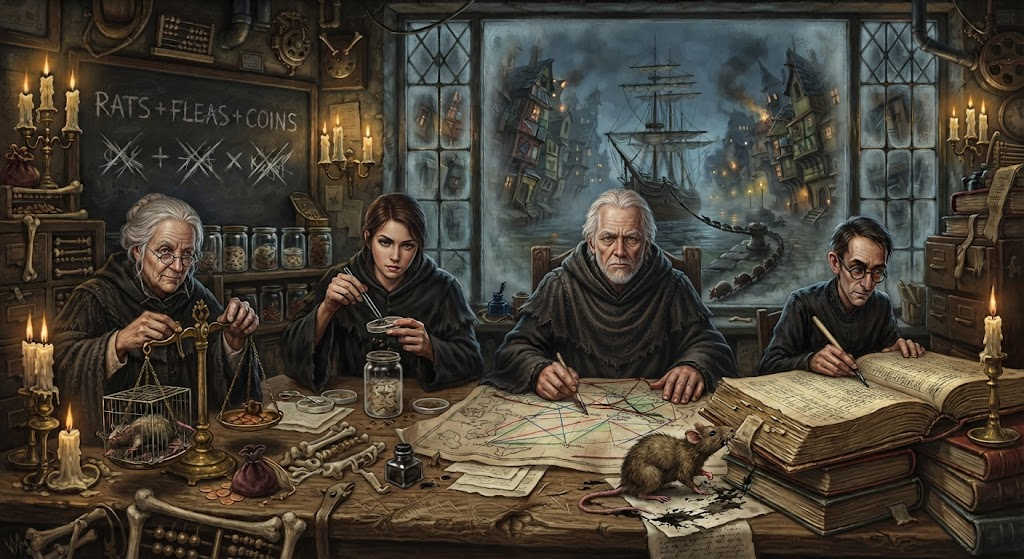 A candlelit counting house at night. Four clerks in dark robes work along a scarred table: one weighs a caged rat on a brass balance, one lifts something from a glass jar with tweezers, one draws coloured threads across a chart, and one rules columns in a huge ledger. On the slate behind them, rats plus fleas plus coins, with the signs beneath it crossed out and redrawn. Through the window a ship lies at a wharf and rats come ashore along its mooring chain. In the middle of the table a rat stands on the papers beside a spilled inkwell.