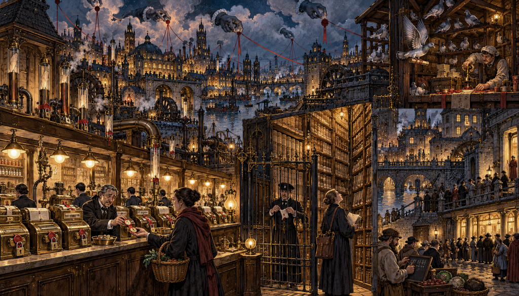 A city where the counters carry padlocks and red seals: a clerk takes a woman's coins for a sealed parcel, a guard behind an iron gate checks a paper before a library of ledgers, a pigeon post sorts letters above, and a market crowd waits. Overhead, gloved hands hold the red threads strung across the city.