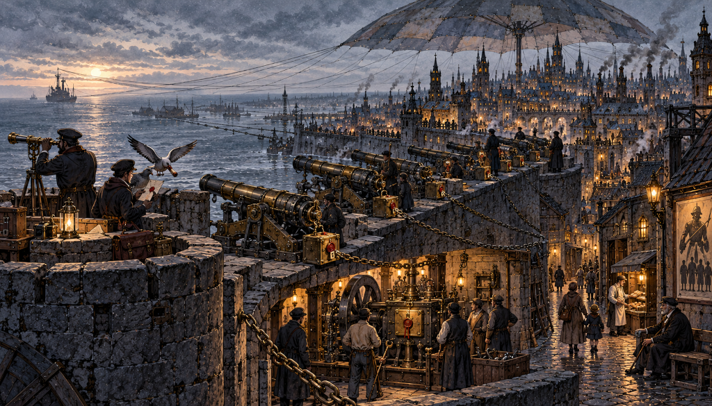 A harbour wall at dusk lined with cannon, watched through a telescope while a gull delivers a letter and warships wait offshore. Below the battlements, under a vast patched umbrella over the city, men tend a machine sealed in red wax, and in the street an old man sits by a faded poster of soldiers.