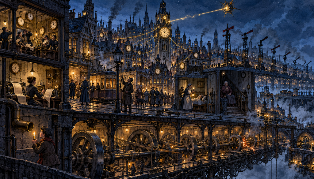 A city at night where every tower carries a clock, all wired to a spark in the sky and to a row of semaphore masts. Clerks read ticker tape by lamplight, a nurse sits by a bedside, and beneath the street a long drive shaft of great wheels throws a spark at its far end.