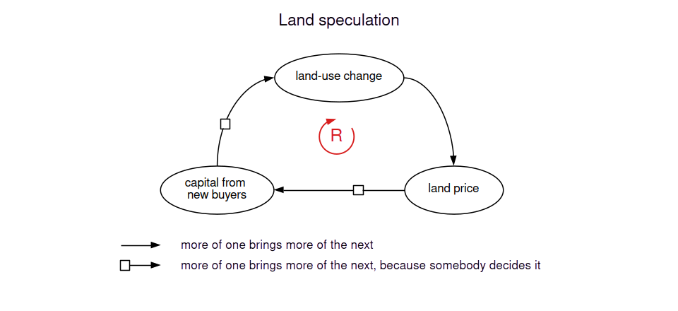 Clearing raises the price of land. A higher price draws capital from new and better-funded buyers, and their capital pays for more clearing, so the loop reinforces itself. Two arrows carry squares, for the buyers and the clearing.
