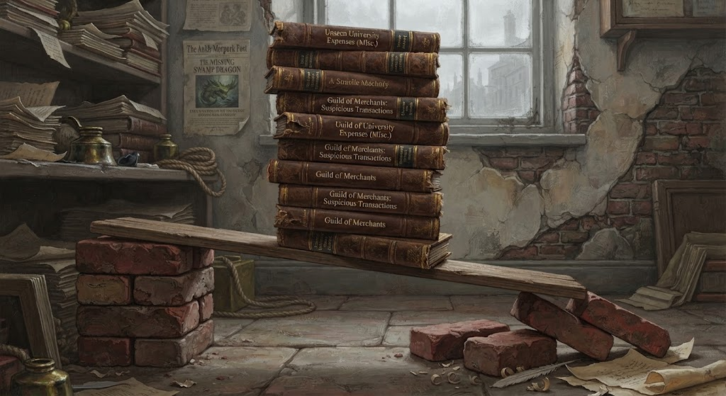 A tall stack of bound ledgers resting on a wooden plank laid across two piles of bricks in an old room with cracked plaster. Bricks have been taken from under one end and lie on the floor, and the plank has begun to tilt beneath the ledgers.
