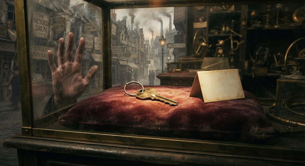 A single key on a red velvet cushion inside a glass display case, a small blank card standing beside it. A hand is pressed flat against the glass, and through it a street of chimneys and smoke.