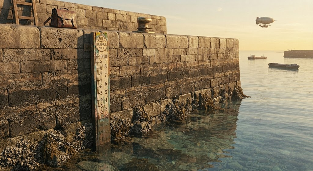 A long stone harbour wall at low tide, a tide gauge fixed to its face and the stone stained by past high water well above the calm sea. Small boats lie offshore and an airship hangs in the distance.