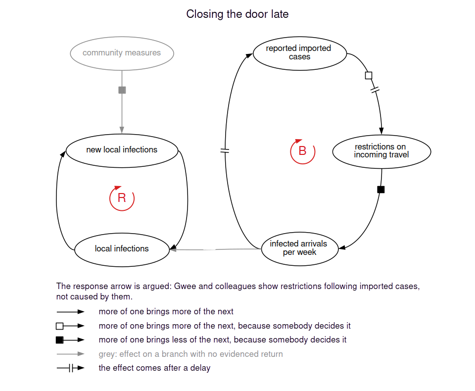 Reported imported cases may prompt travel restrictions, after a delay, which reduce infected arrivals and, after a second delay, reported imported cases. Infected arrivals can seed a reinforcing loop of local transmission. Community measures reduce new local infections.